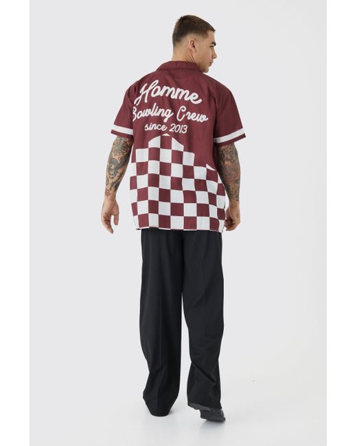 BoohooMAN Red Short Sleeve Poplin Oversized Checkerboard Bowling Shirt for men