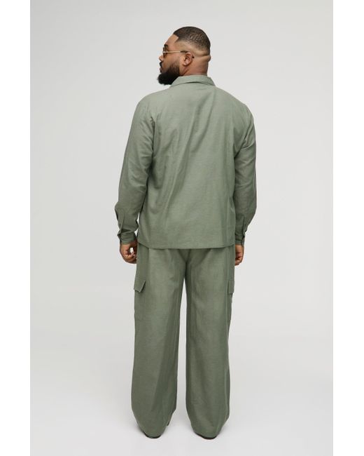 Boohoo Green Plus Regular Linen Cargo Shirt & Trouser Set