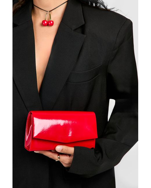 Boohoo Black Red Patent Structured Clutch Bag