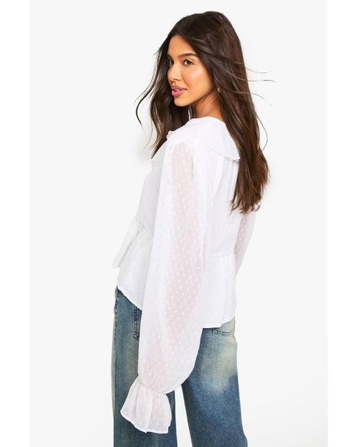 Boohoo White Dobby Mesh Tie Ruffle Blouse