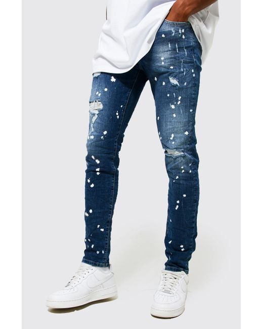 Boohoo Denim Skinny Ripped Paint Splatter Crinkle Jeans in Blue for Men