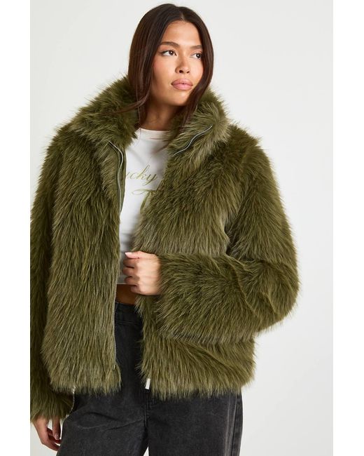 Boohoo Green Vintage Look Faux Fur Jacket