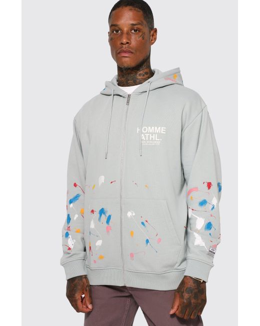 Boohoo Oversized Paint Splatter Zip Through Hoodie in Gray for Men Lyst