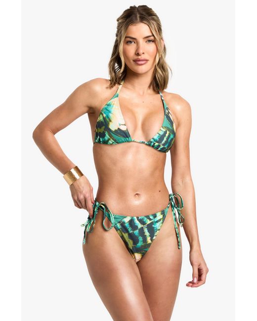 Boohoo Multicolor Abstract Jungle Print Triangle Bikini Top & Tie Side Bikini Bottoms Set