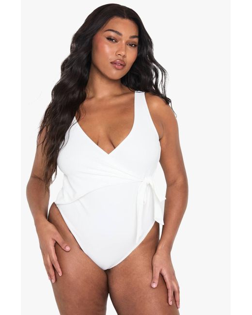 Boohoo White Plus Swimwear Essentials Tummy Control Wrap Swimsuit