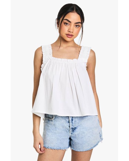 Boohoo White Shirred Strap Cotton Poplin Cami Top