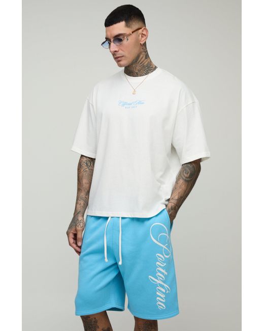 BoohooMAN Blue Tall Oversized Boxy Official Print T-Shirt & Relaxed Short Set for men
