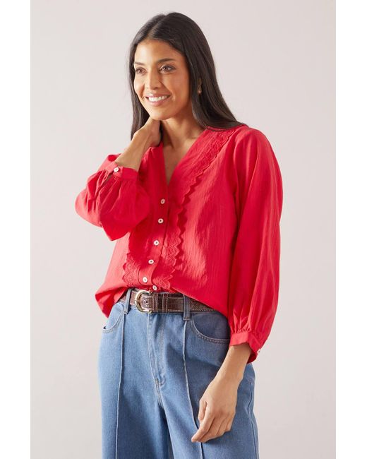 Wallis Red Cotton Ruffle Button Through Blouse
