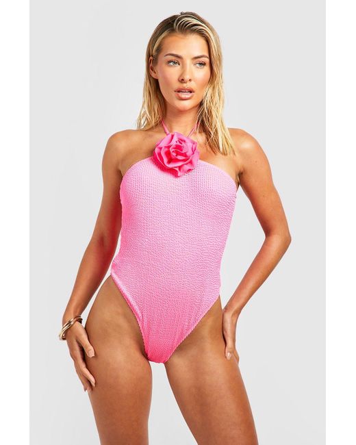Boohoo Rose Corsage Crinkle Halter Bathing Suit in Pink | Lyst UK