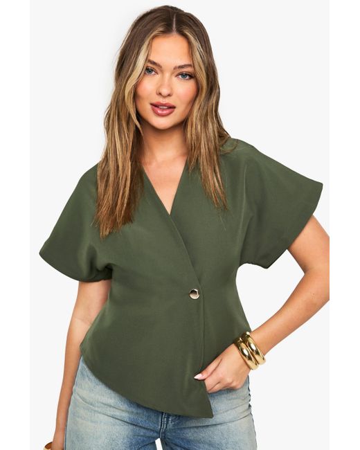 Woven Button Cap Sleeve Top Boohoo de color Green