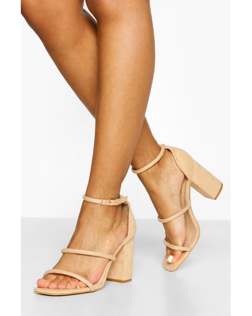 Boohoo Wide Fit Triple Strap Block Heel Sandals in Natural | Lyst