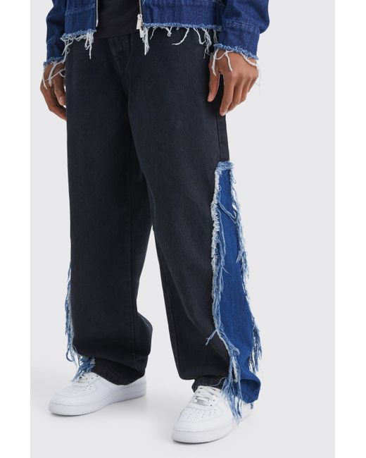 BoohooMAN Blue Baggy Rigid Frayed Spliced Jeans In True Black for men