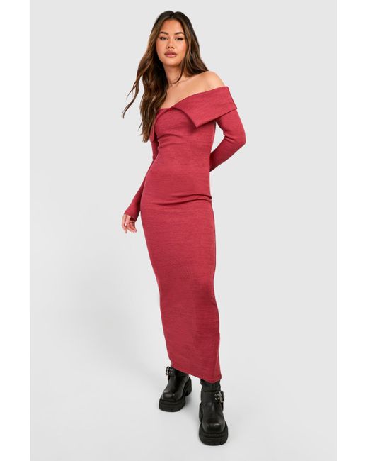 Boohoo Red Off The Shoulder Heavy Rib Long Sleeve Maxi Dress