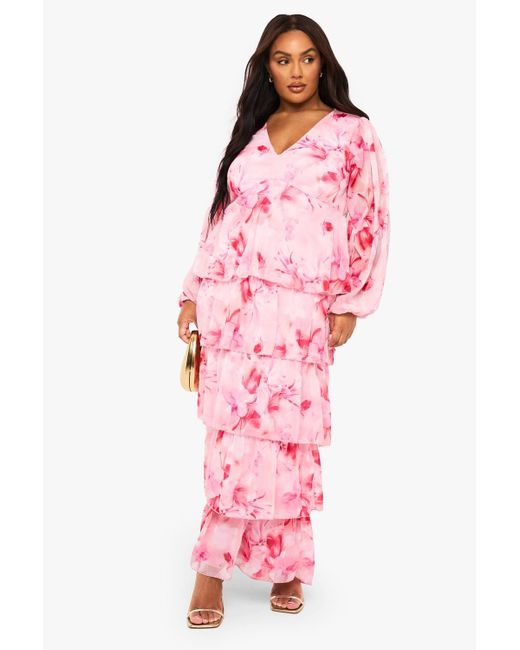 chinese dress ladies Veda Long Sleeve Floral Tiered Ruffle Maxi Dress Peach