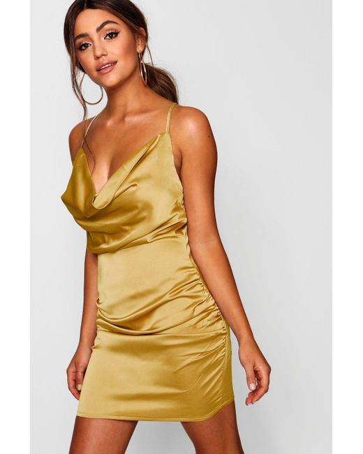 yellow satin cowl neck dress
