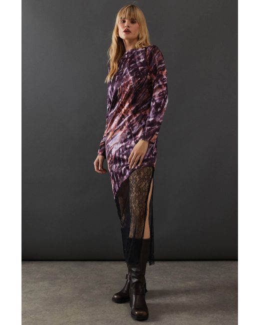 Warehouse Black Marble Satin Column Lace Panel Midi Dress