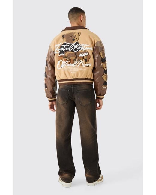 BoohooMAN Boxy Teddy Badge Knitted Collar Varsity Jacket in