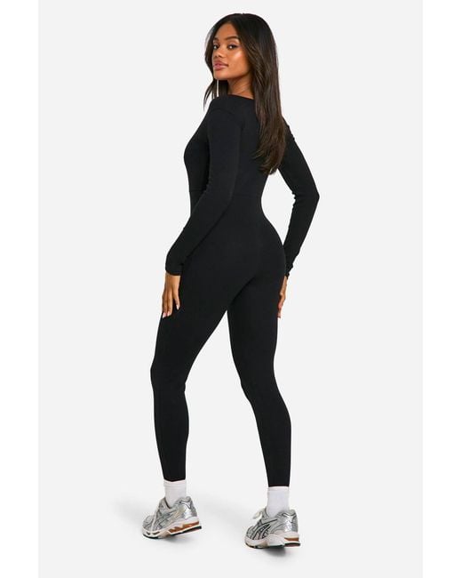Boohoo Black Basic Rib Plunge Unitard Jumpsuit