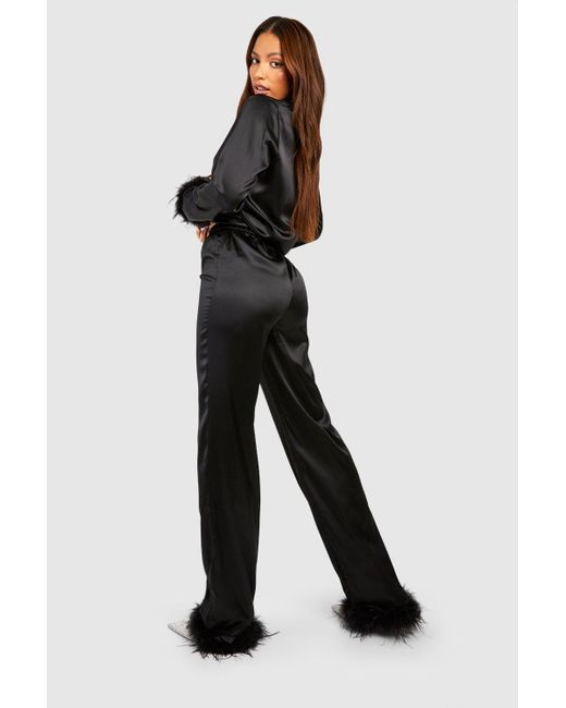 Boohoo Black Tall Fluffy Feather Trim Relaxed Straight Leg Trousers