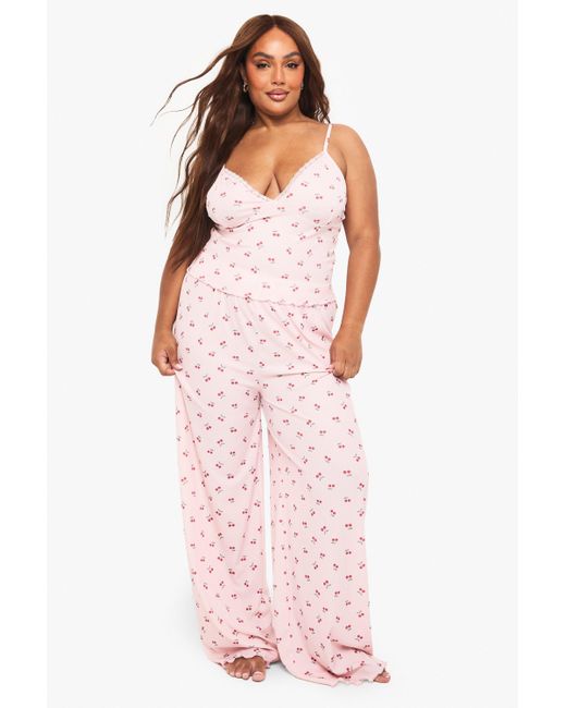 Boohoo Pink Plus Cherry Print Lace Trim Cami Top & Trousers Pyjama Set