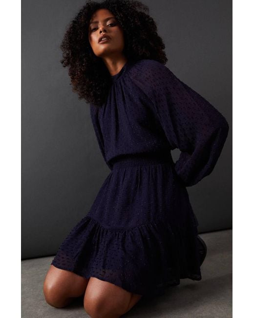 Warehouse Blue Tufted Dobby Chiffon Shirred Waist Flippy Hem Mini Dress