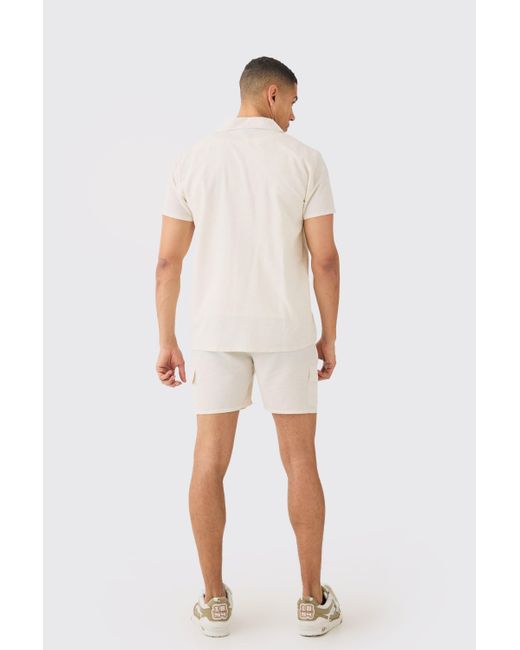 BoohooMAN White Short Sleeve Linen Cargo Shirt & Short for men