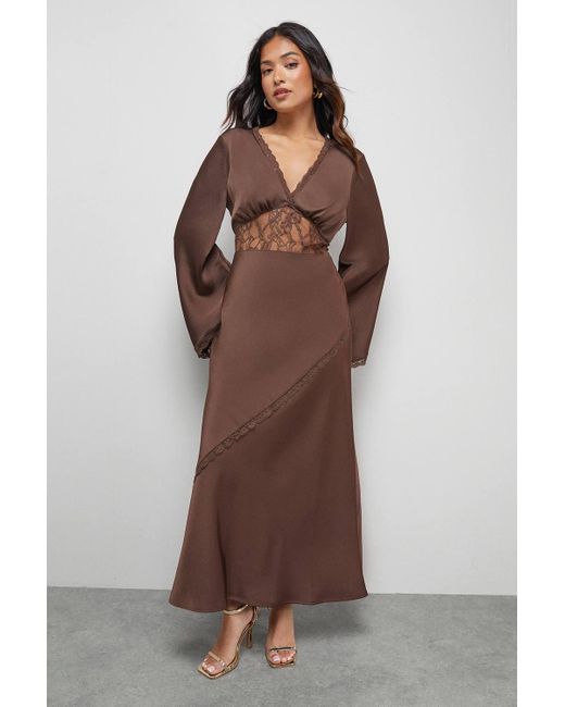 Oasis Brown Petite Satin Lace Insert Flute Sleeve Midi Dress