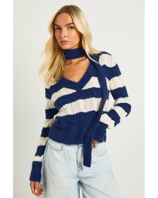 Boohoo Blue Super Soft Chunky Stripe V Neck Sweater And Scarf
