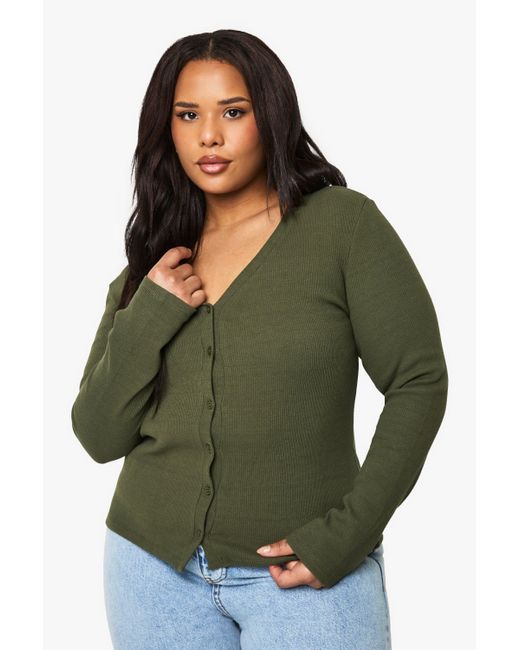 Boohoo Green Plus V Neck Ribbed Button Down Top