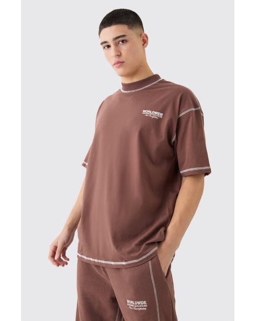 BoohooMAN Oversized Worldwide Contrast Stitch T-shirt in Brown für Herren