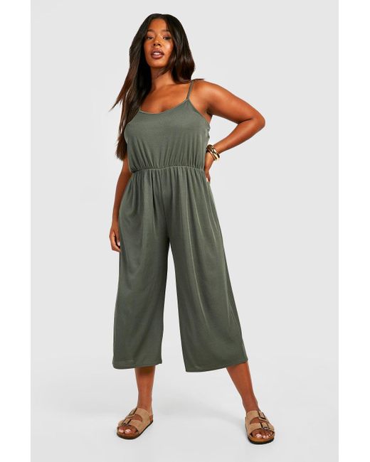 Boohoo Plus Ribbed Sleeveless Culotte Jumpsuit in Green | Lyst