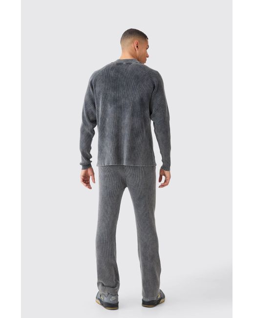 BoohooMAN Oversized Acid Wash Ribbed Knitted Bomber in Gray für Herren