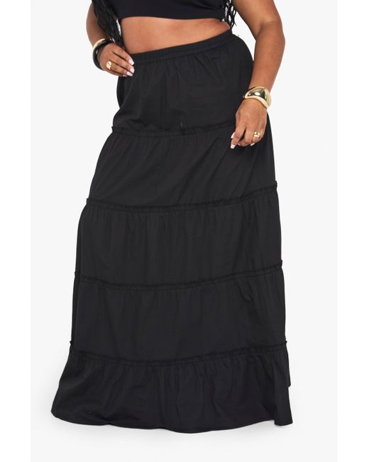 Falda Plus Maxi Escalonada De Algodón Boohoo de color Black