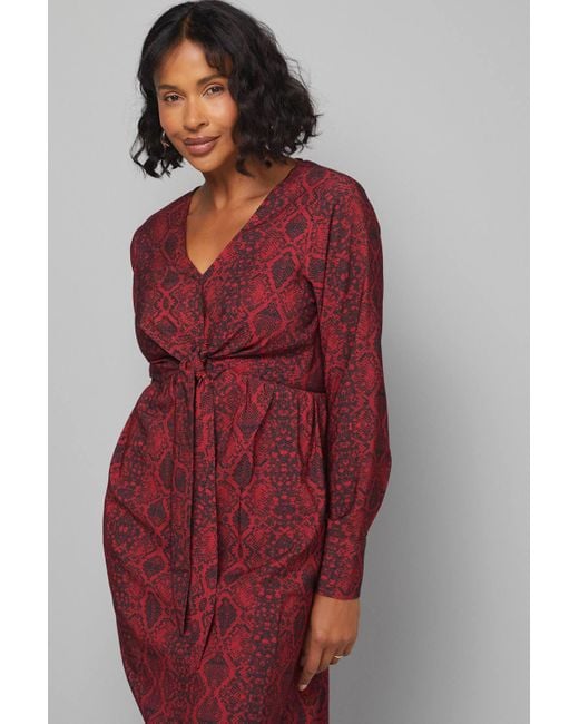 Wallis Red Snake Viscose Tie Front Midi Dress