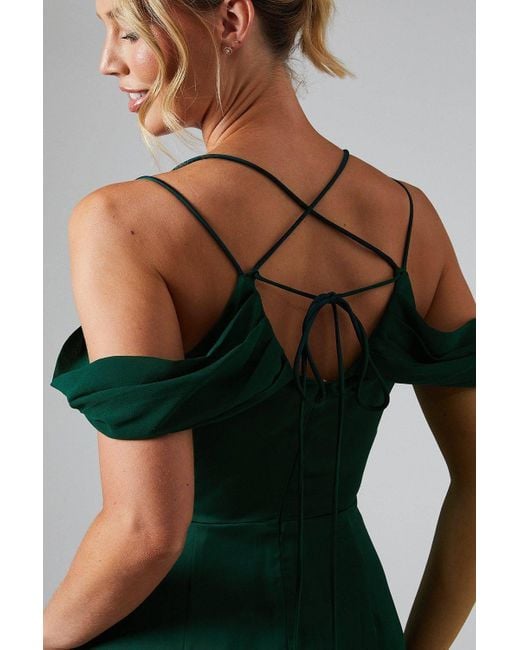 Coast Green Wrap Cold Shoulder Strappy Satin Bridesmaid Dress