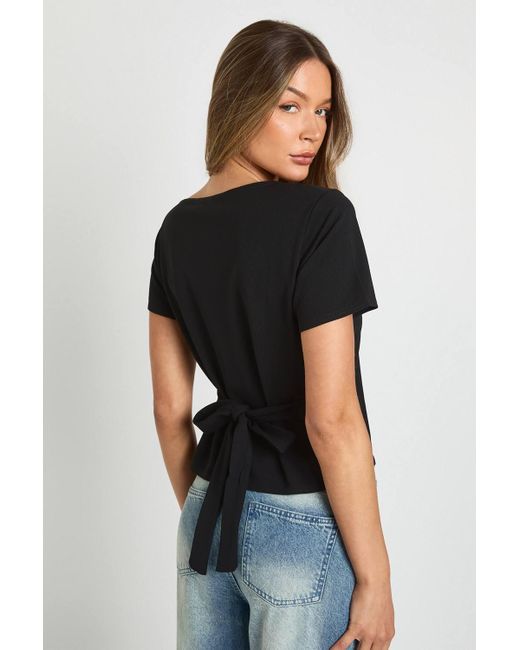 Boohoo Black Scuba Crepe Cinched Tie Back Top