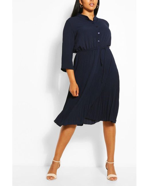 navy blue midi shirt dress