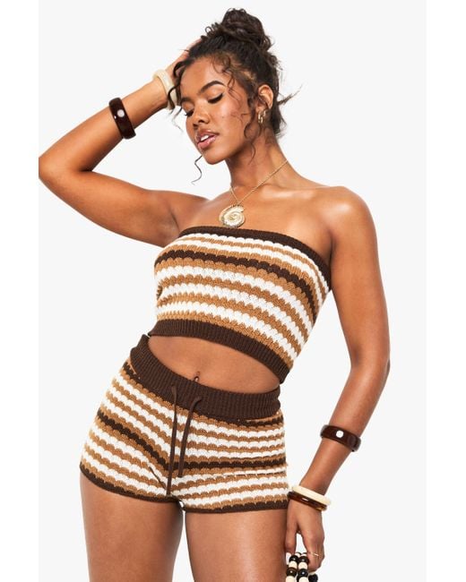 Boohoo Natural Crochet Wave Stripe Bandeau Knitted Top And Mini Short Co-Ord