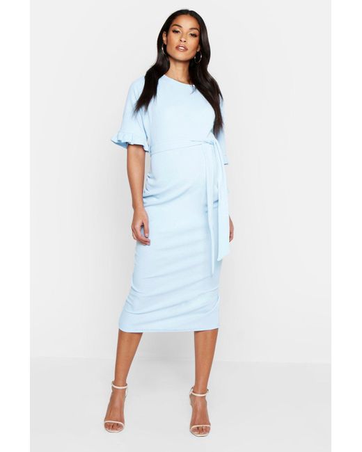 Boohoo Maternity Ruffle Midi Bodycon Dress in Blue - Lyst