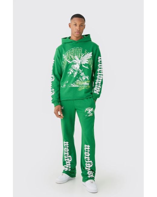 BoohooMAN Green Regular Fit Large Graphic Raw Hem Flared Tracksuit for men