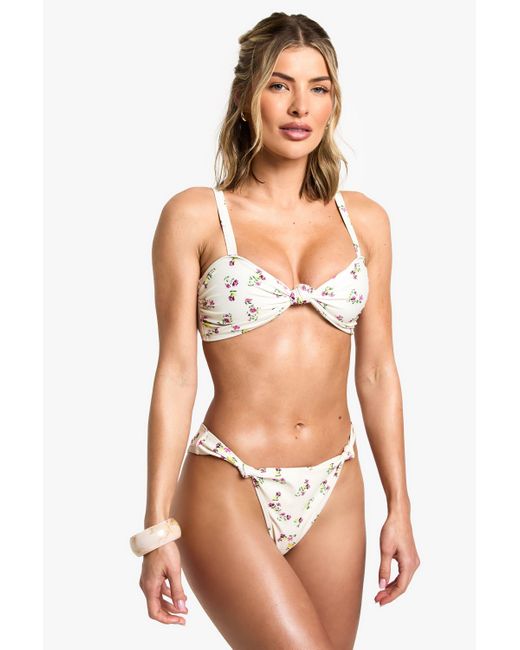 Boohoo Orange Floral Print Knot Front Bikini Top & Tanga Bikini Bottoms Set