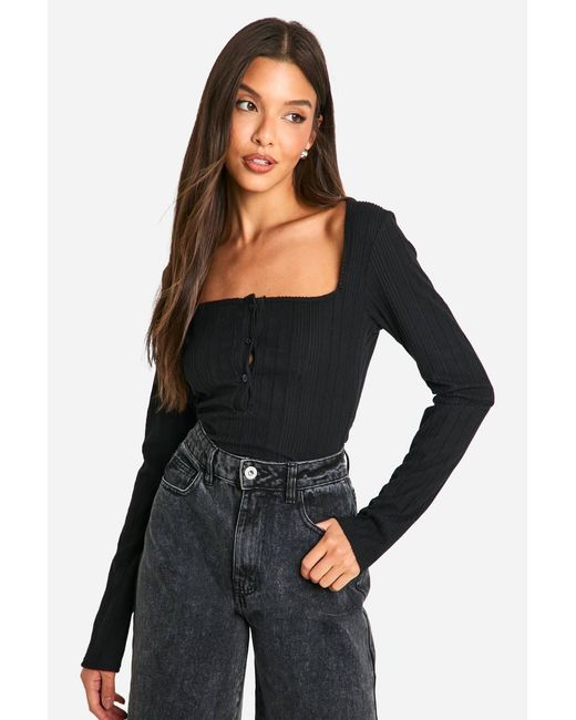 Boohoo Black Brushed Rib Square Neck Button Top