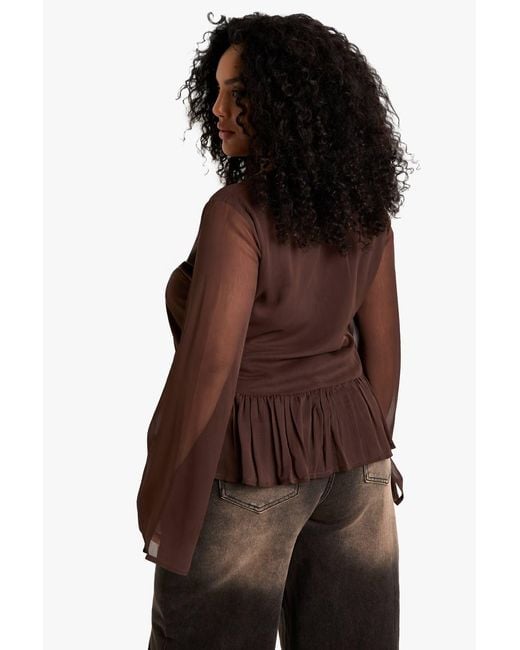 Boohoo Brown Plus Tie Front Ruffle Blouse