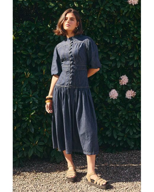 Oasis Green Drop Waist Button Up Denim Midi Dress