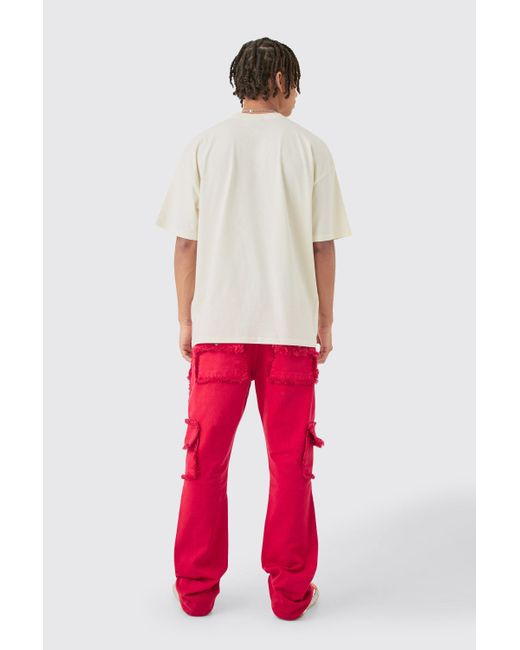 Slim Rigid Flare Distressed Pocket Jeans In Red Boohoo