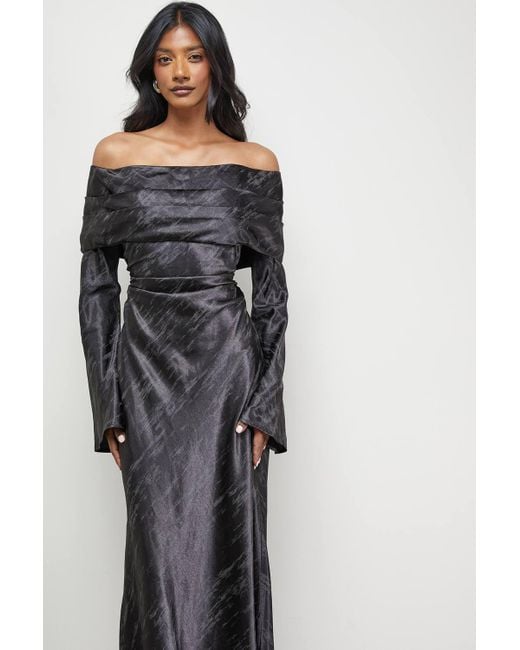 Warehouse Black Shimmer Satin Foldover Bardot Bias Midi Dress