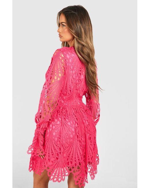 Boohoo Pink High Neck Flared Sleeve Lace Skater Dress