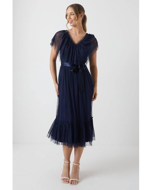 Coast Blue V Neck Frill And Ribbon Detail Tiered Bridesmaid Midi Dress