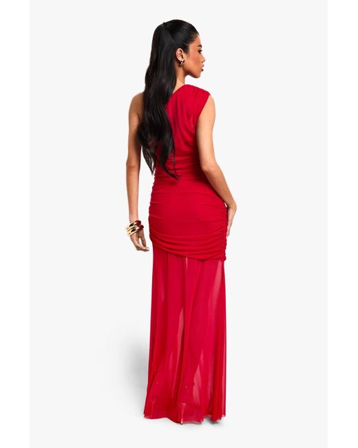 Boohoo Red One Shoulder Ruched Mesh Maxi Dress