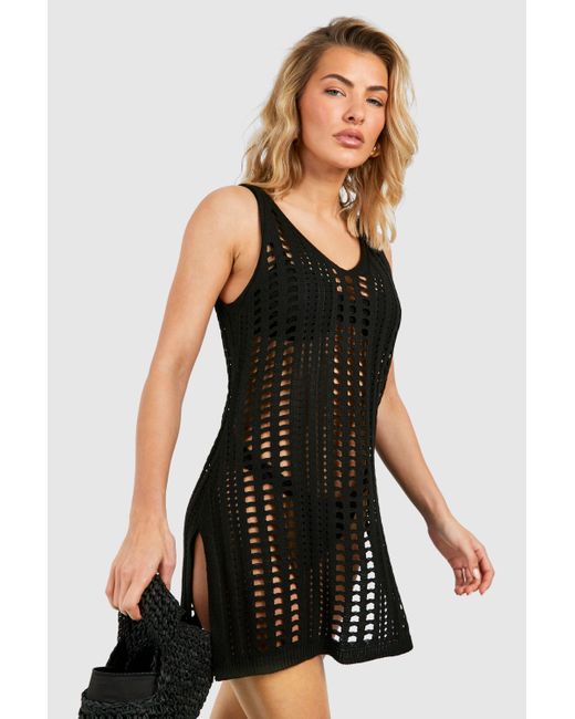 Boohoo Black Crochet Cover-up Beach Dress